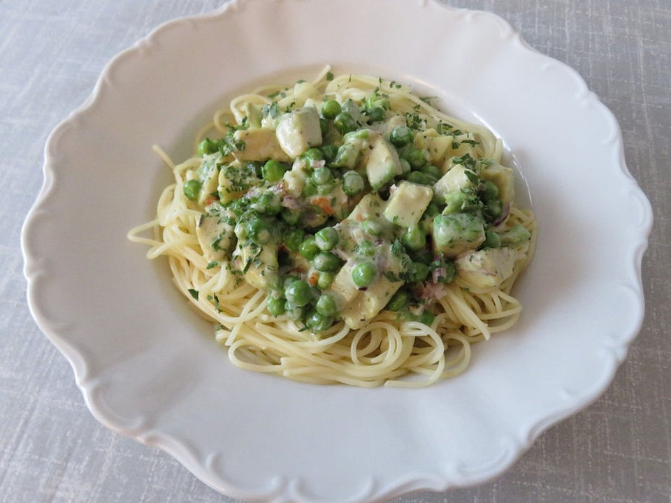 Spaghetti Mit Avocado Erbsen Sauce Von Bama89 Chefkoch