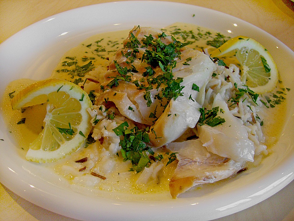 Skrei in Riesling-Sahne-Sauce auf wildem Basmatireis