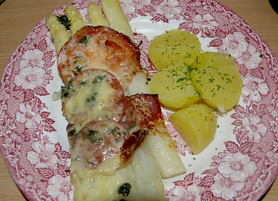 Spargel - Schinken - Röllchen mit Tomaten und Käse von Azoren | Chefkoch