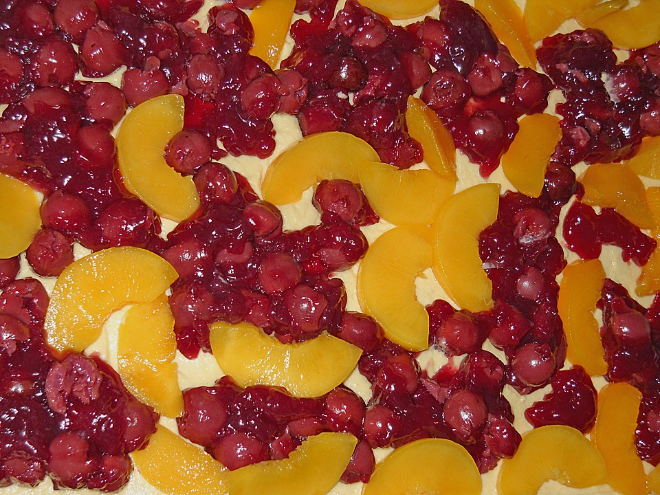 Kirsch - Pfirsich - Blechkuchen mit Amarettini - Schmandguss von ...