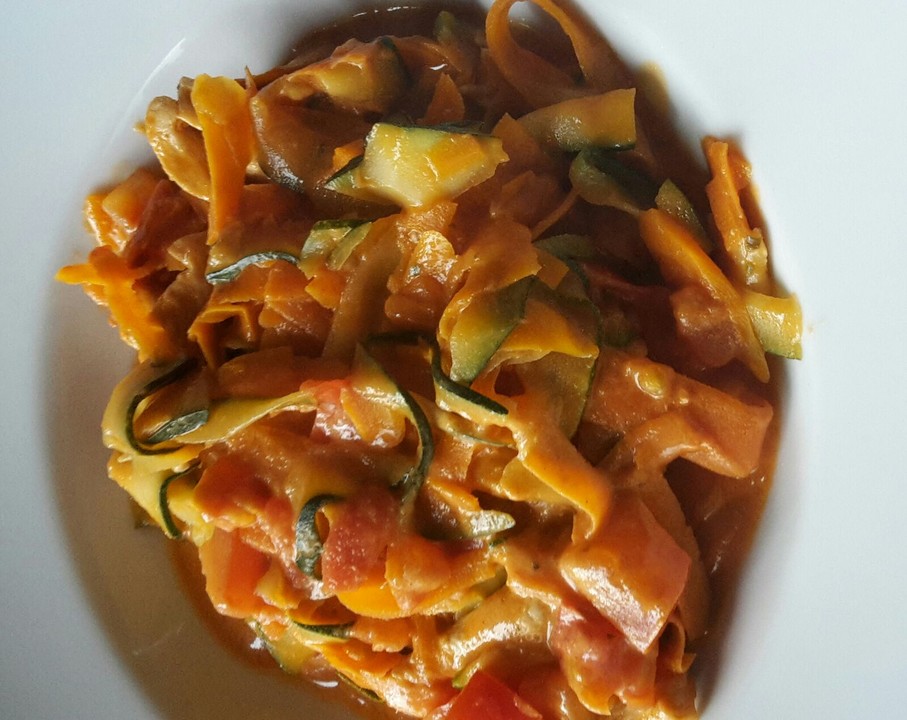 Zucchini-Karotten-Bandnudeln mit Hähnchen und Tomate von isa-baerchen ...
