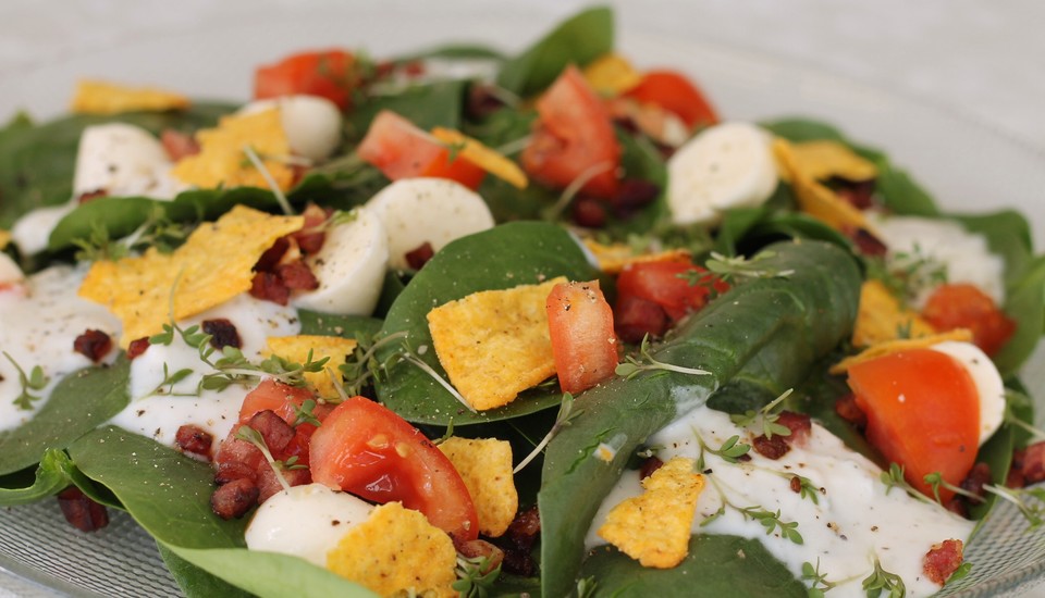 Blattspinat-Salat mit Ranch-Dressing und Nachos von julesibulesi | Chefkoch