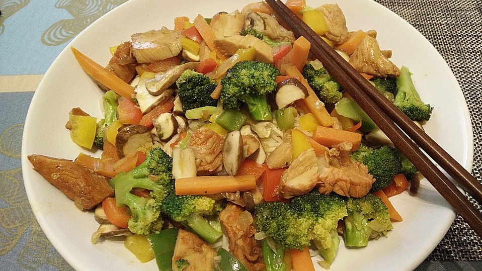 Hähnchenbrustgeschnetzeltes mit Paprika und Brokkoli aus dem Wok von schrat Hähnchenbrustgeschnetzeltes mit Paprika und Brokkoli aus dem Wok von schrat