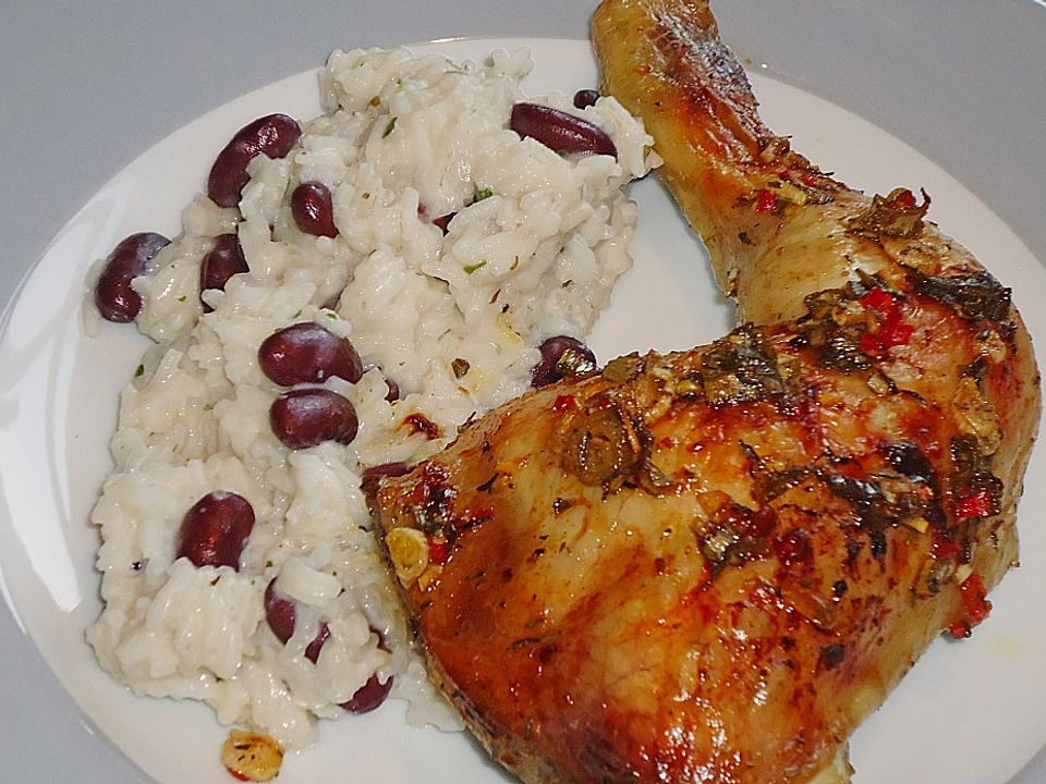 Hähnchenschenkel auf pikant - karibische Art mit Kidneybohnenreis von ...