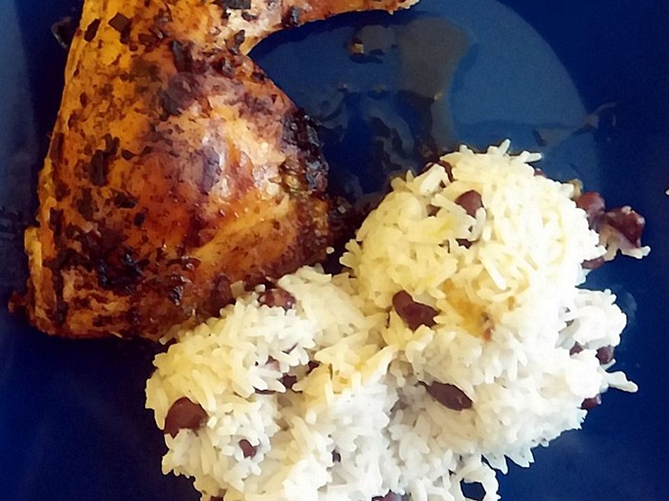 Hähnchenschenkel auf pikant - karibische Art mit Kidneybohnenreis von ...