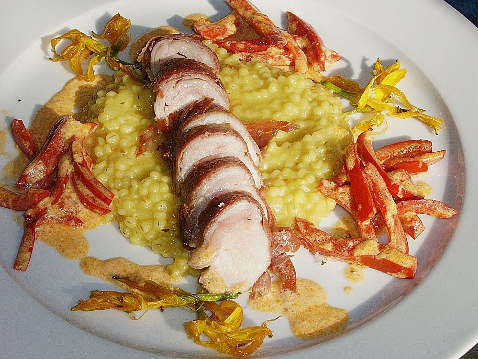 Ausgelöster Kaninchenrücken mit Safran - Graupen - Risotto ...