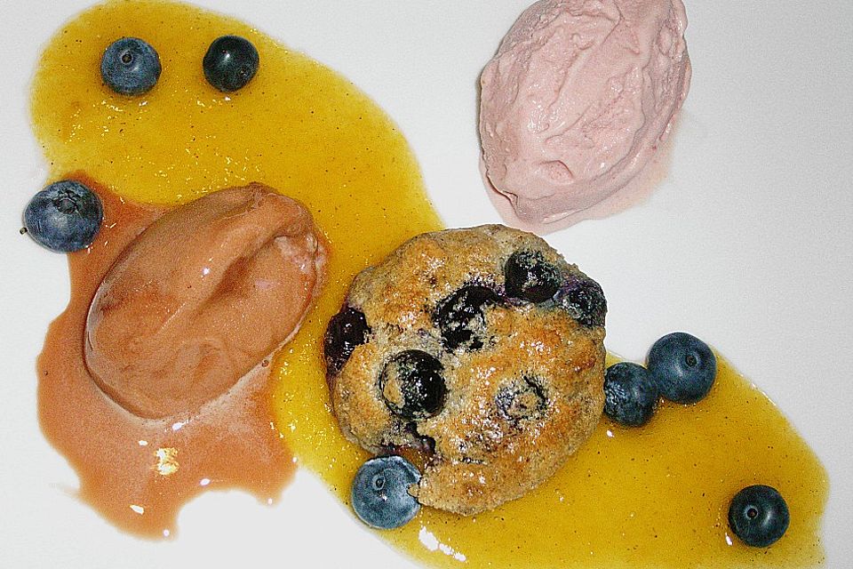 Zwetschgen - Süßholzeis, Tamarillosorbet, Blaubeer - Brotpudding und Mirabellenculis