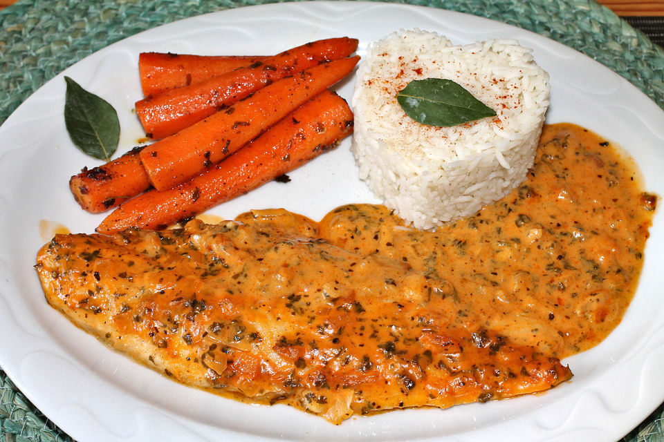 Pangasiusfilet in Weißwein - Sahnesoße mit Reis