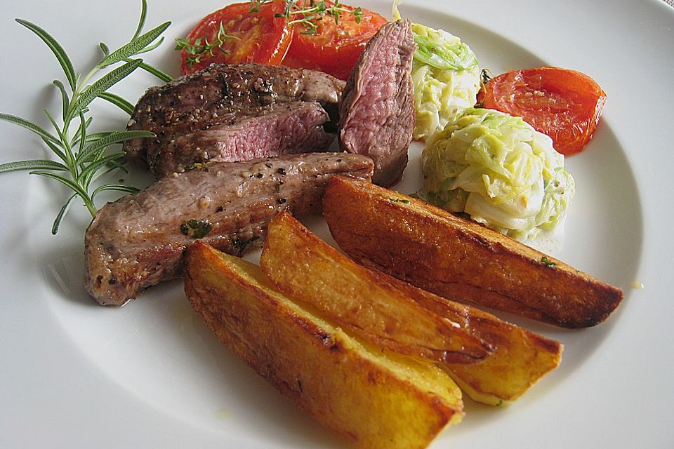 Lammfilet an Wirsing, geschmorten Tomatenscheiben und gebratenen Kartoffelvierteln