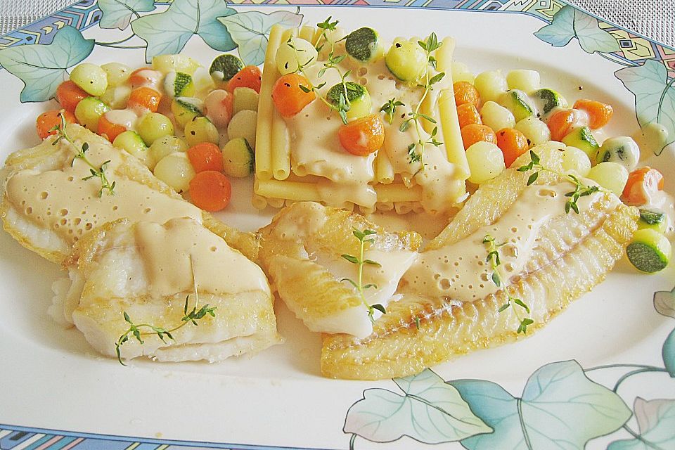 Merlanfilets natur an Pasta, Gemüseperlen und Parmesansauce