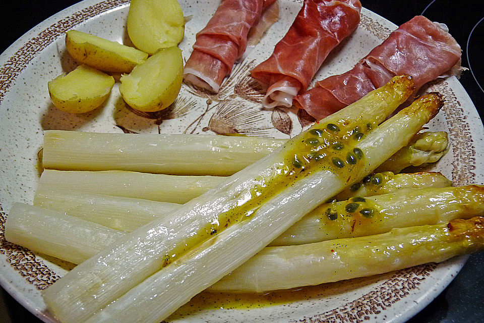 Spargel mit Maracuja - Vinaigrette und Garnelen