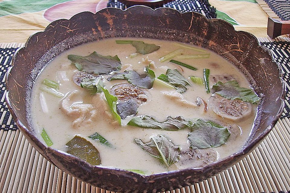 Grüne Kokosmilchsuppe mit Hähnchen und Auberginen