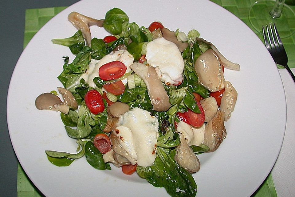 Lauwarmer Feldsalat mit Austernpilzen, Tomaten und Mozzarella