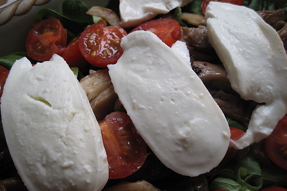 Lauwarmer Feldsalat mit Austernpilzen, Tomaten und Mozzarella