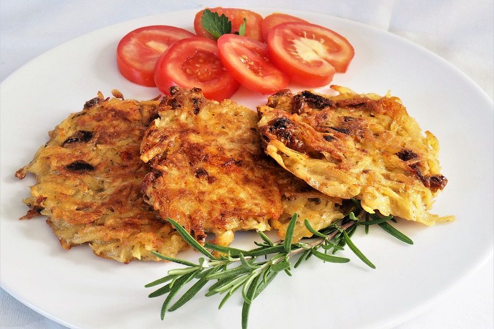 Scharfe Kartoffelpuffer mit getrockneten Tomaten