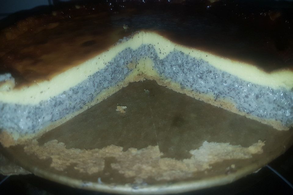 Mohnkuchen mit Schmand und Vanillepudding