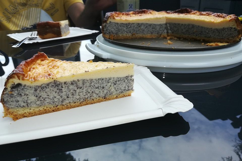 Mohnkuchen mit Schmand und Vanillepudding