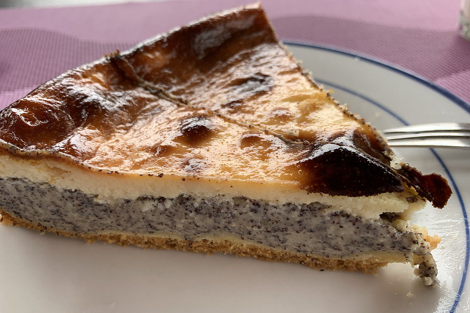 Mohnkuchen mit Schmand und Vanillepudding