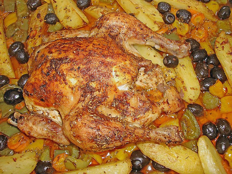 Huhn aus dem Ofen mit Oliven und Gemüse von bushcook| Chefkoch
