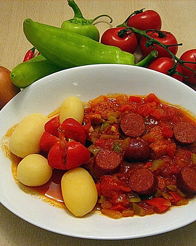 Paprika-Tomaten-Zwiebel-Topf mit Cabanossi (Letscho - Saazer Art)