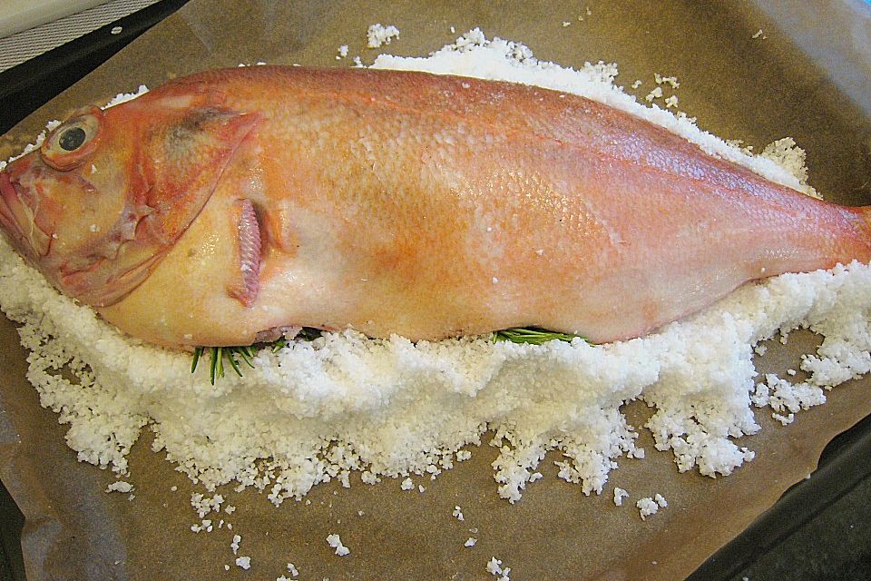 Rotbarsch im Salzteig gegart mit einer Tomaten - Oliven - Sauce