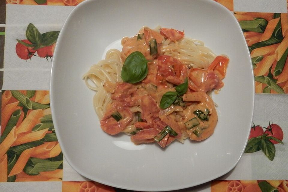 Spaghetti mit Scampi in Paprika - Chili Sauce