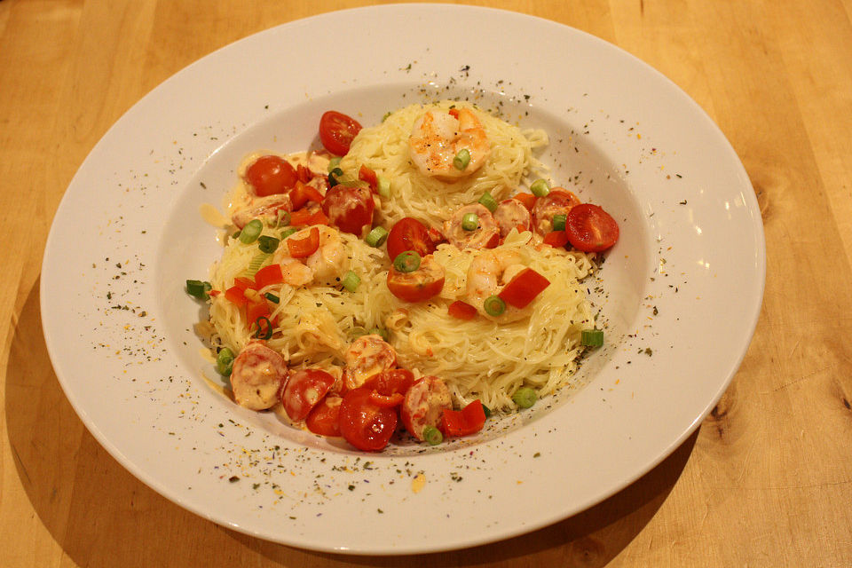 Spaghetti mit Scampi in Paprika - Chili Sauce