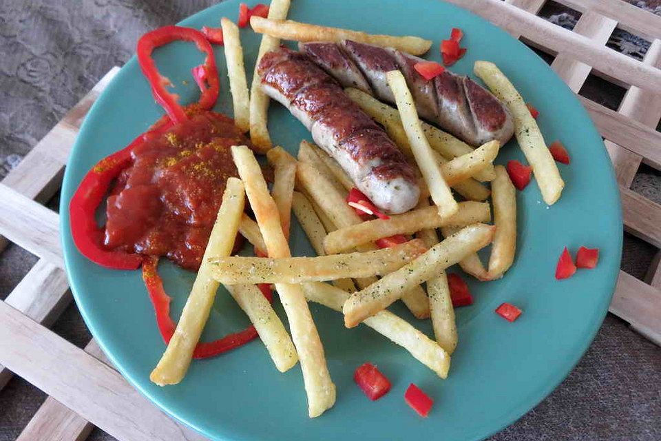 Geröstete Bratwurst mit Curry - Tomaten - Ahorn - Sauce an gekräuterten Frites