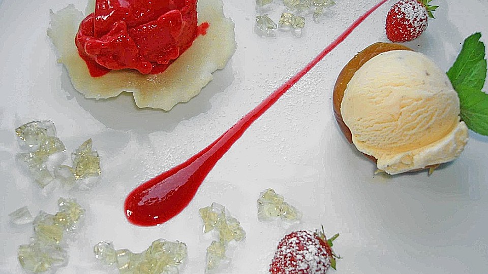 Geschmorter Pfirsich Mit Himbeersorbet Und Hollerblutengelee Von Bushcook Chefkoch 