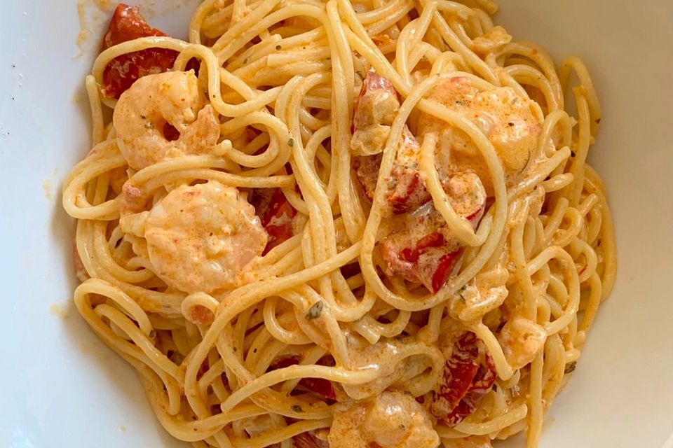 Spaghetti mit Gambas in Brunch - Sauce