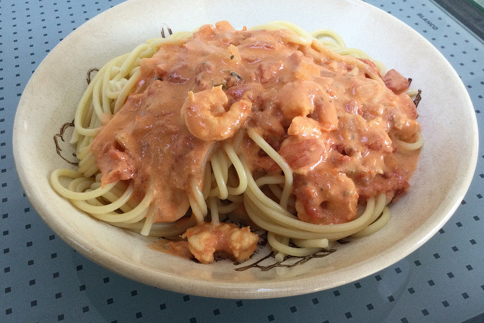 Spaghetti mit Gambas in Brunch - Sauce