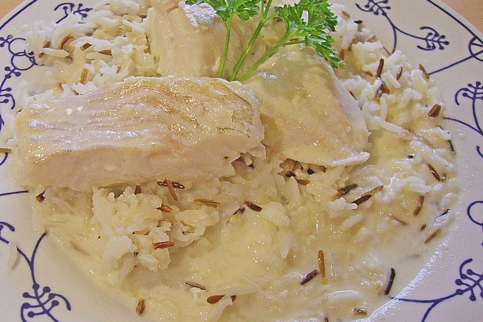 Skrei in Riesling-Sahne-Sauce auf wildem Basmatireis