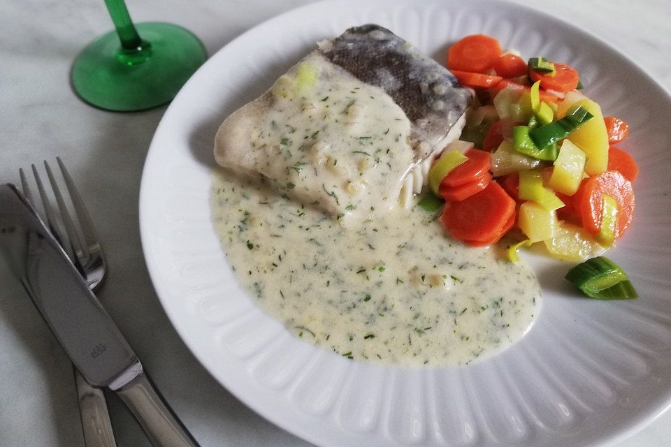 Skrei in Riesling-Sahne-Sauce auf wildem Basmatireis