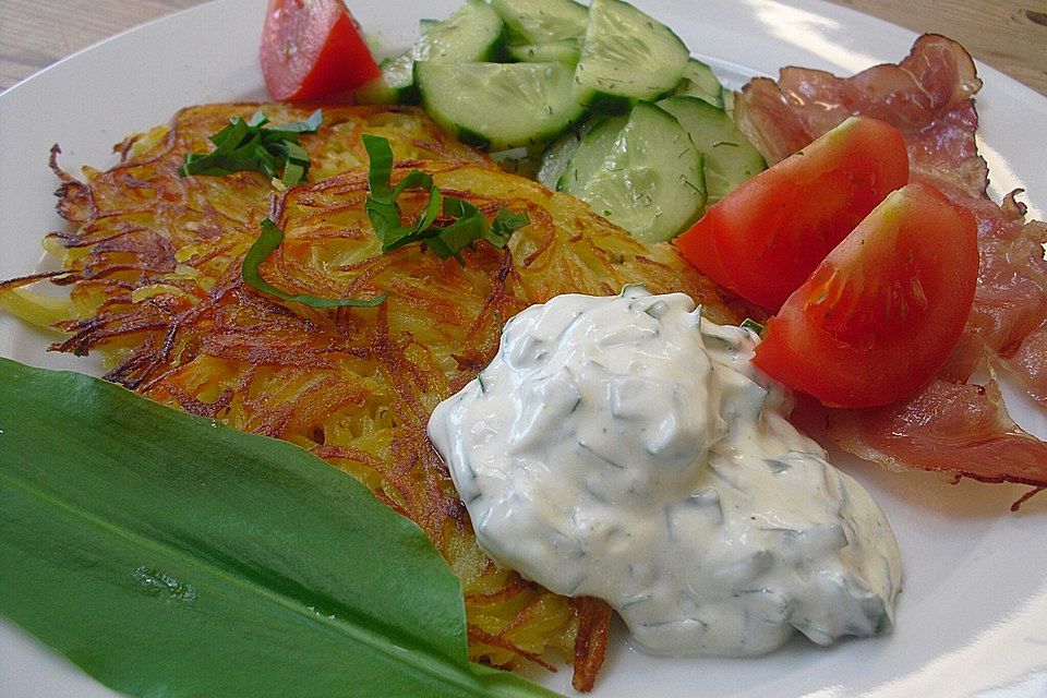 Frühlings-Rösti mit Bärlauch-Dip Frühlings-Rösti mit Bärlauch-Dip