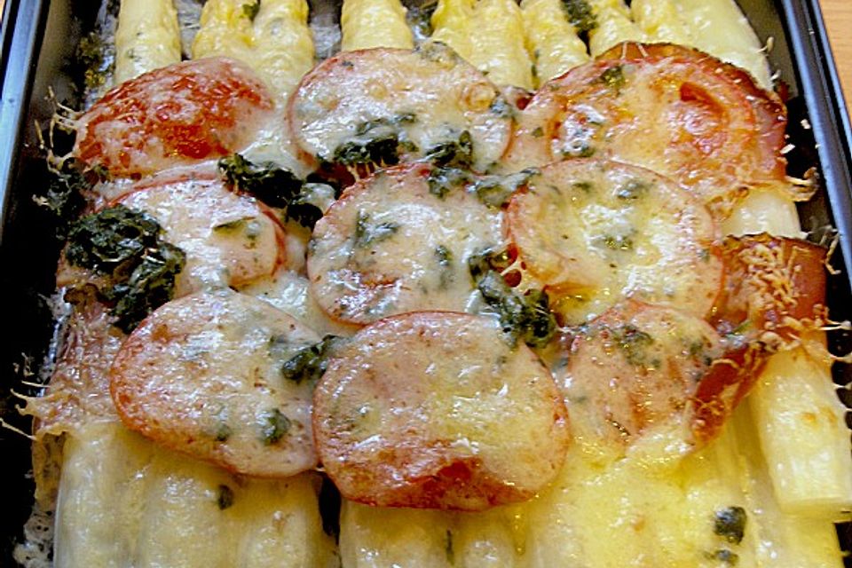 Spargel - Schinken - Röllchen mit Tomaten und Käse