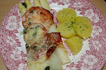 Spargel - Schinken - Röllchen mit Tomaten und Käse