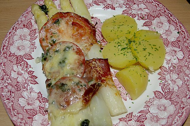 Spargel - Schinken - Röllchen mit Tomaten und Käse von Azoren| Chefkoch