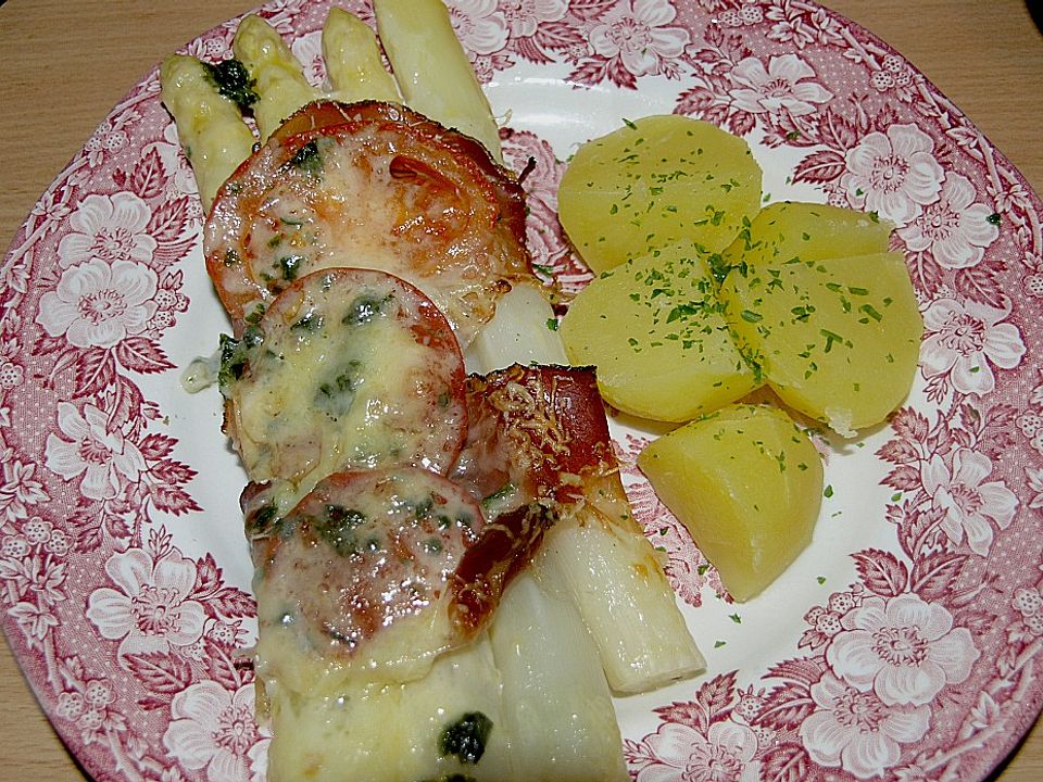 Spargel - Schinken - Röllchen mit Tomaten und Käse von Azoren| Chefkoch