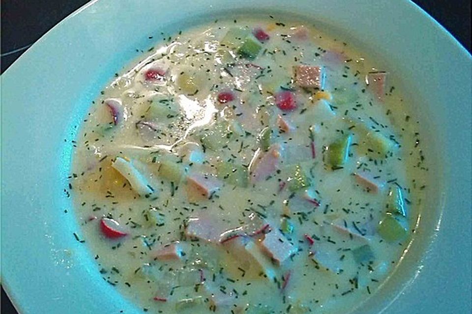 Kalte Buttermilchsuppe mit Radieschen, Gurke und Dill