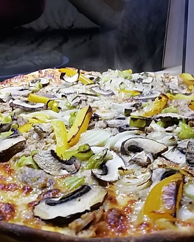 Pizza, halb mit Thunfisch und Zwiebeln und halb mit Schinken und Pilzen belegt