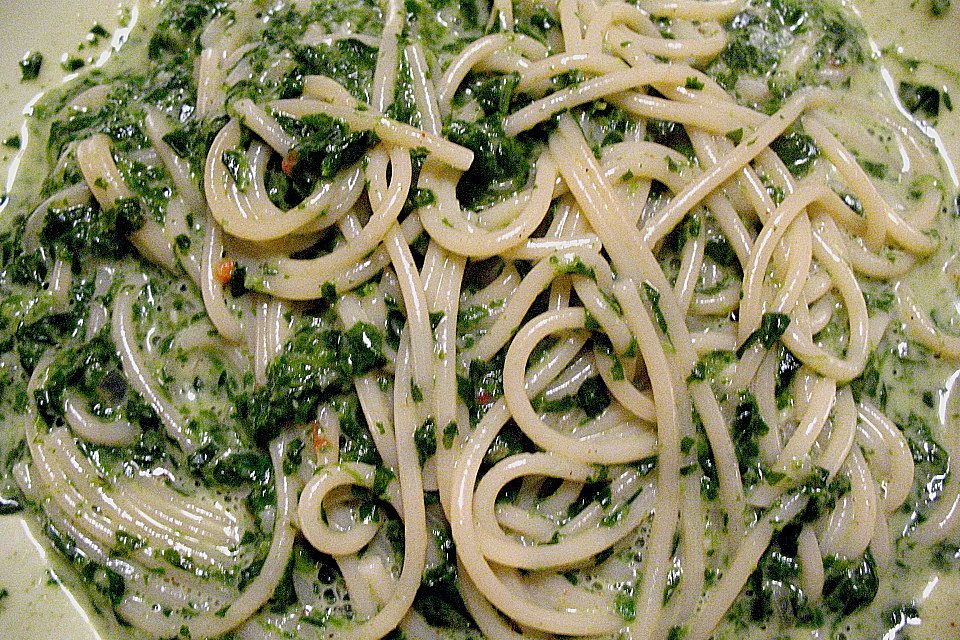 Spaghetti in Frischkäse - Spinat - Soße