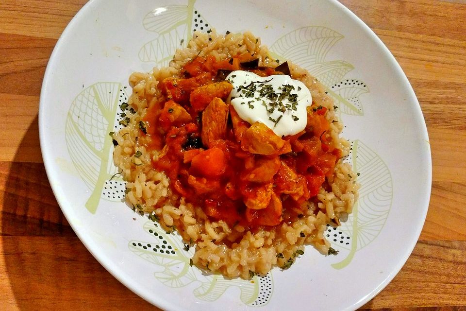 Schnelles Kürbis - Auberginen - Curry mit Pute