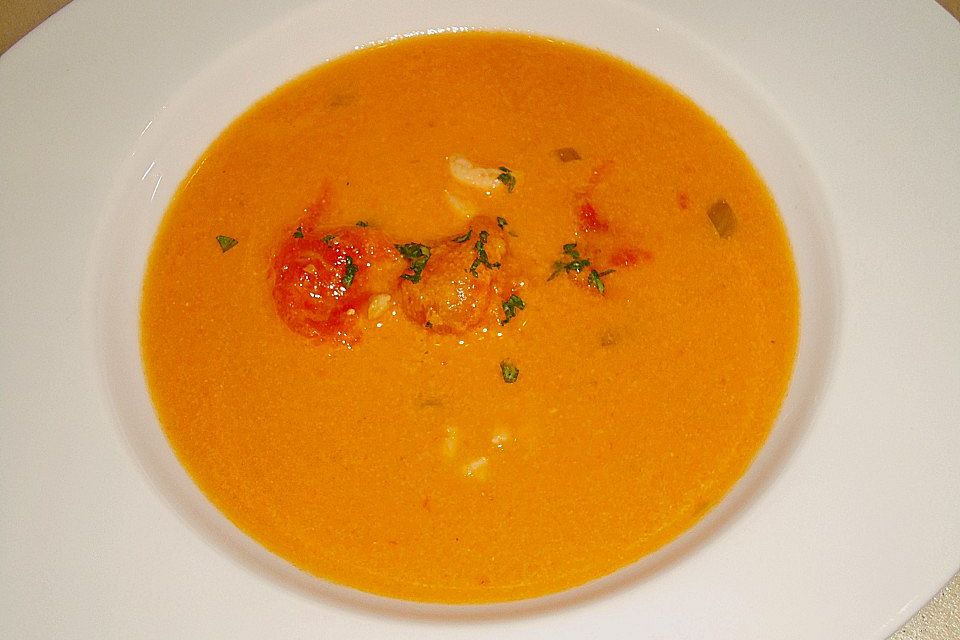 Kokos - Tomaten - Suppe mit Shrimps