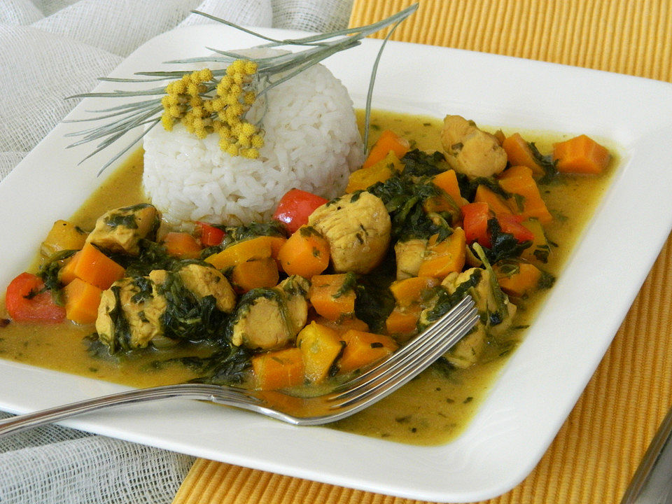 Schnelles Hühnchen-Curry mit Möhren, Paprika und Spinat von Kalte ... Schnelles Hühnchen-Curry mit Möhren, Paprika und Spinat von Kalte ...