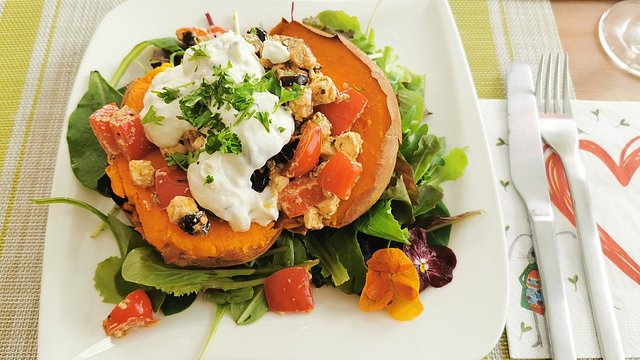 Roasted Sweet Potato  with Feta Olive Salad Filling