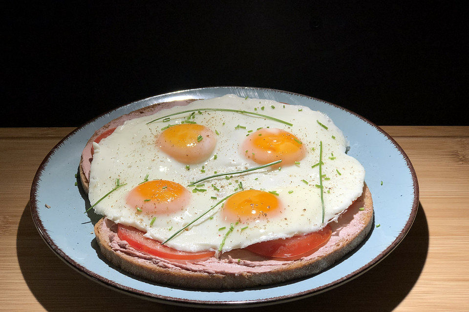 Leberwurstbrot mit Tomaten, Zwiebeln und Ei