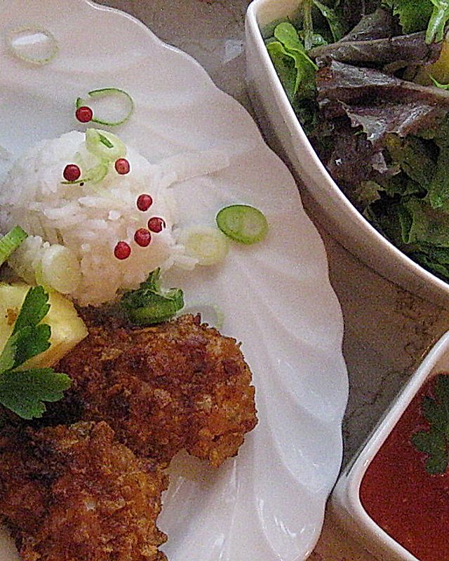 Huhn - Crunchies mit Basmati - Reis und Chinakohl - Ananassalat