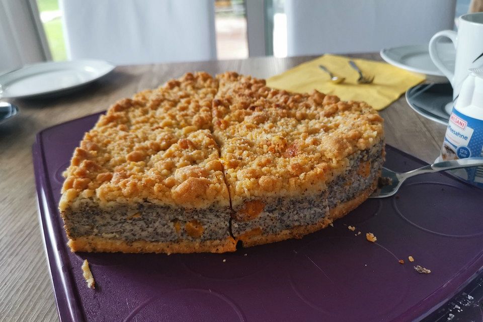 Mohn - Streusel  mit Pudding und Mandarinen