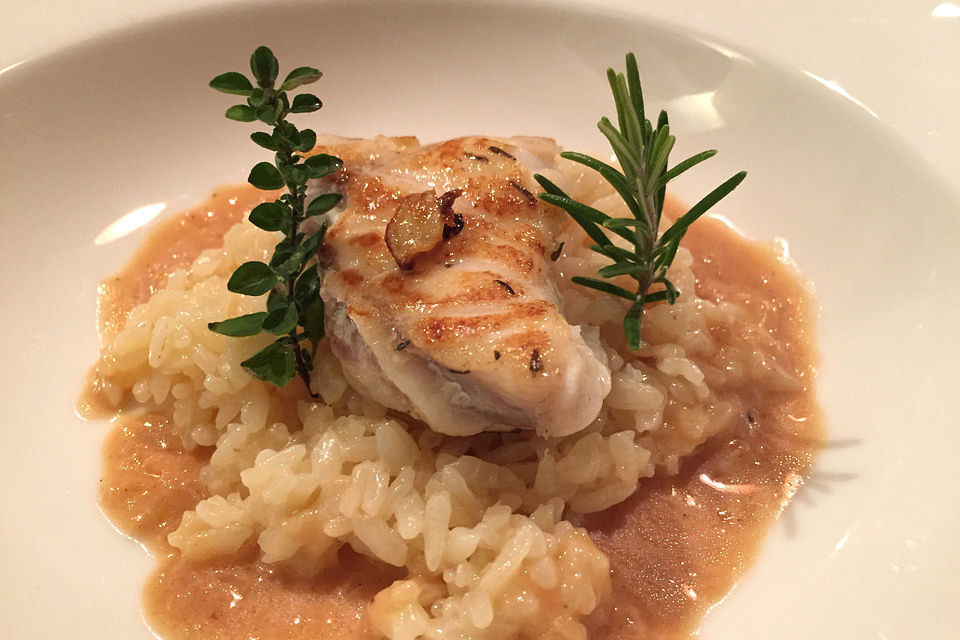 Seeteufelfilet auf Kürbisrisotto in weißem Balsamicoschaum