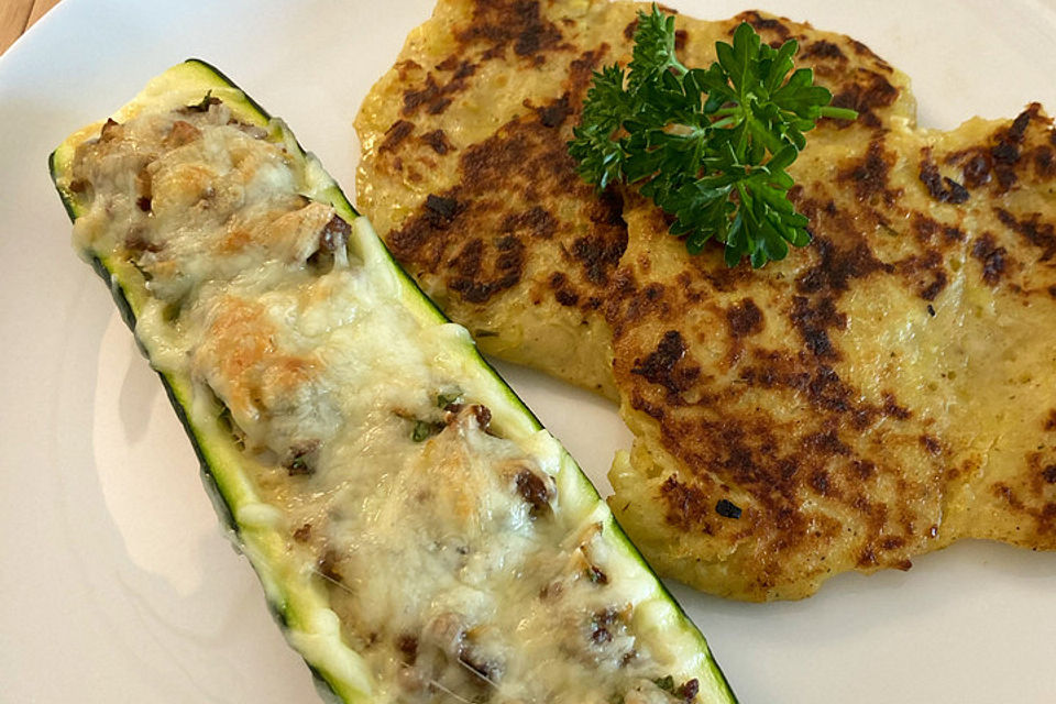 Zucchini - Hackfleisch - Schiffchen mit Kartoffel - Zucchini - Püfferchen und Bechamelsauce